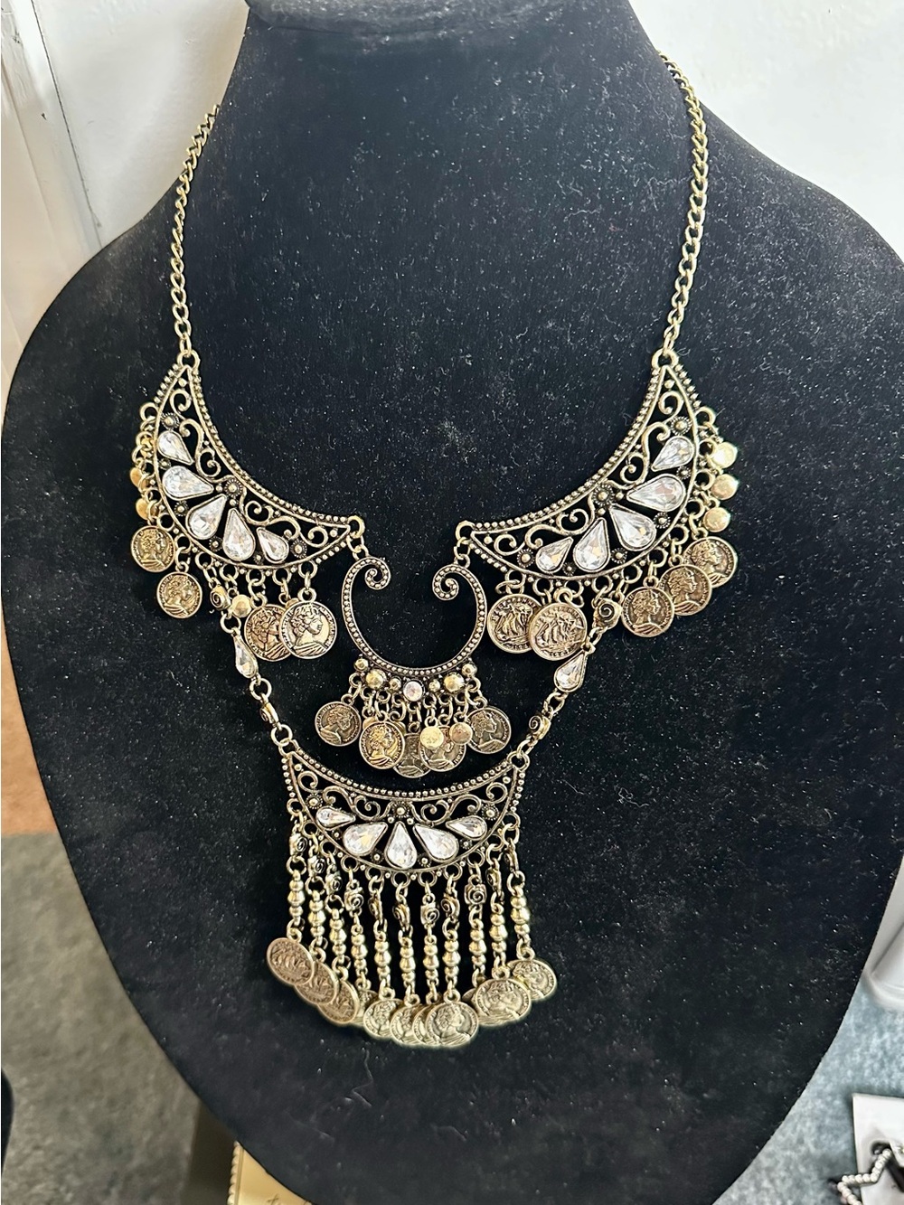 Bohemian Gold-Tone Coin Fringe Statement Necklace
